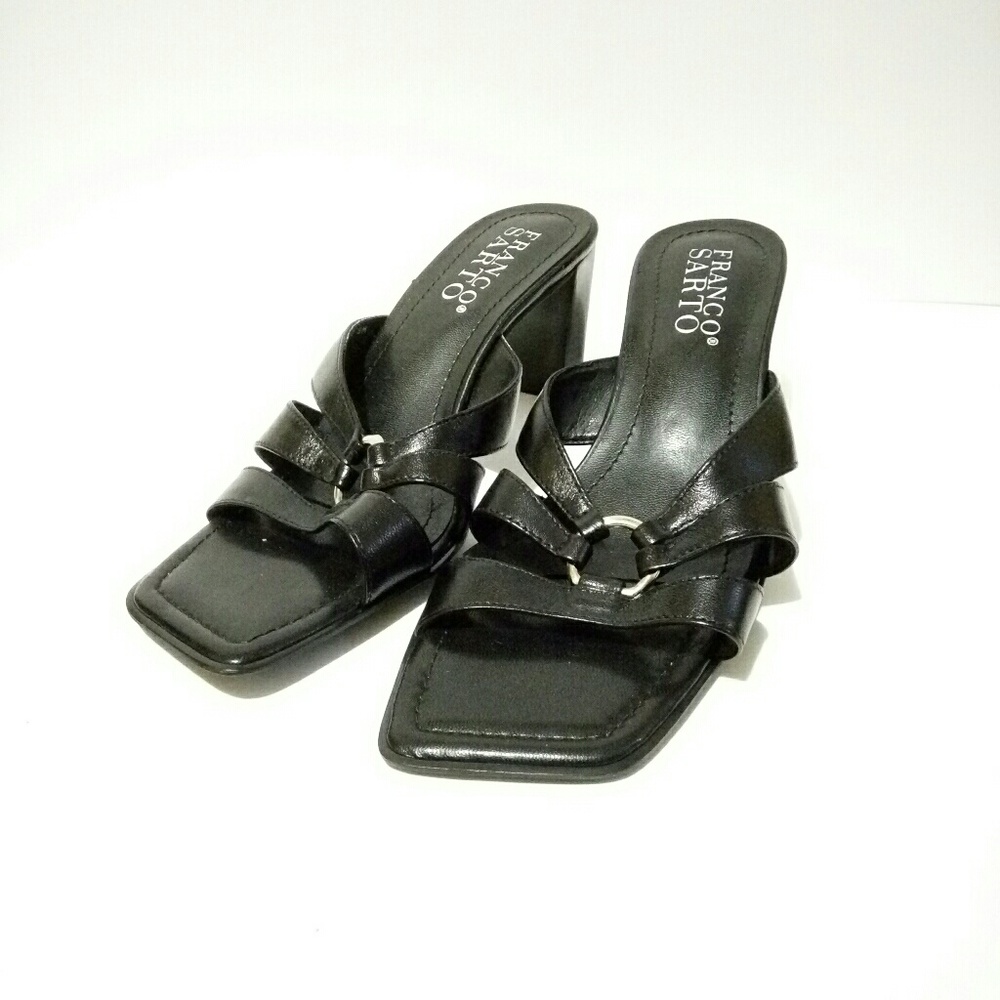 *SOLD* Franco Sarto Womens Sandals Size 8 Black Strappy Heels Open Toe - Picture 2 of 4
